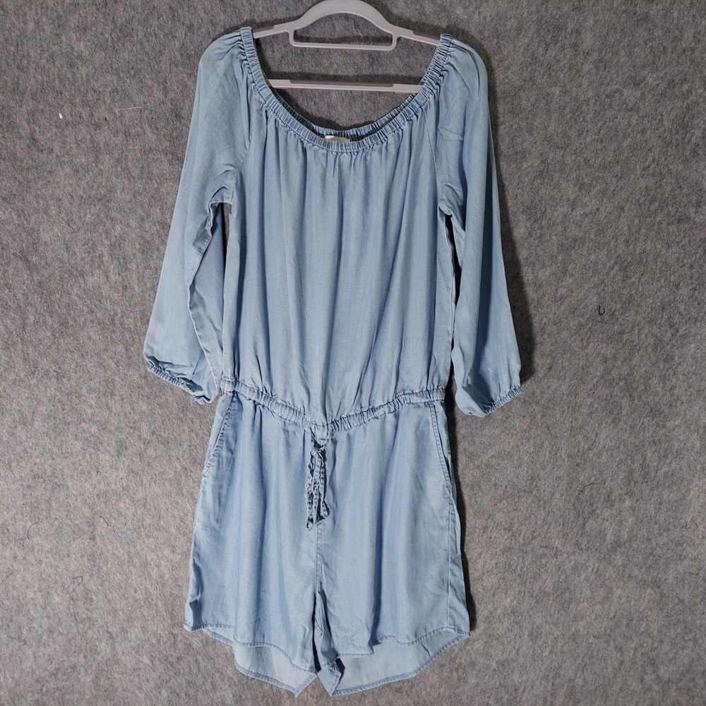 Two by Vince Camuto Lyocell Romper M Chambray Off Shoulder 3/4 Sleeve Pocket